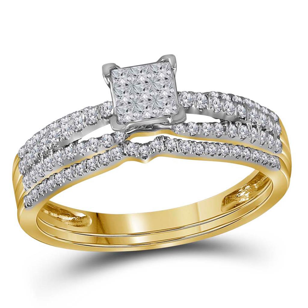 Image of ID 1 14k Yellow Gold Princess Diamond Cluster Bridal Wedding Ring Set 1/2 Cttw