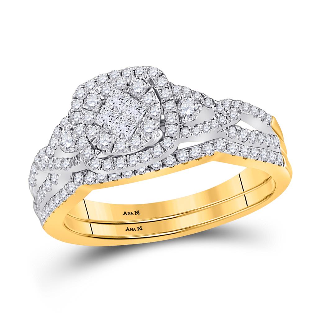 Image of ID 1 14k Yellow Gold Princess Diamond Cluster Bridal Wedding Ring Set 3/4 Cttw