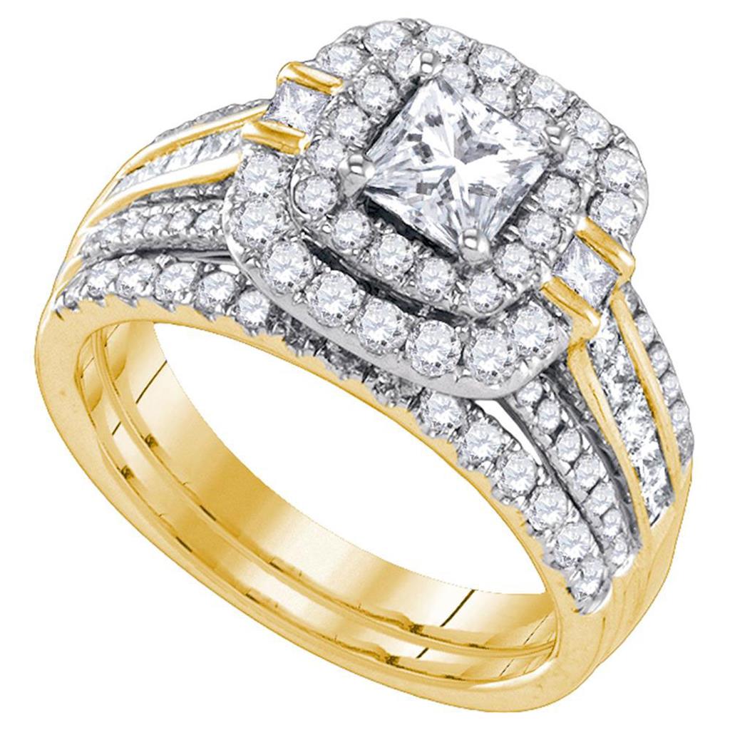 Image of ID 1 14k Yellow Gold Princess Diamond Double Halo Bridal Engagement Ring Set 2 Cttw