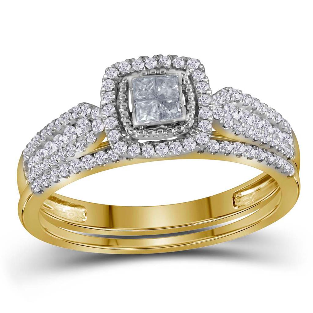 Image of ID 1 14k Yellow Gold Princess Diamond Halo Bridal Wedding Ring Set 1/2 Cttw