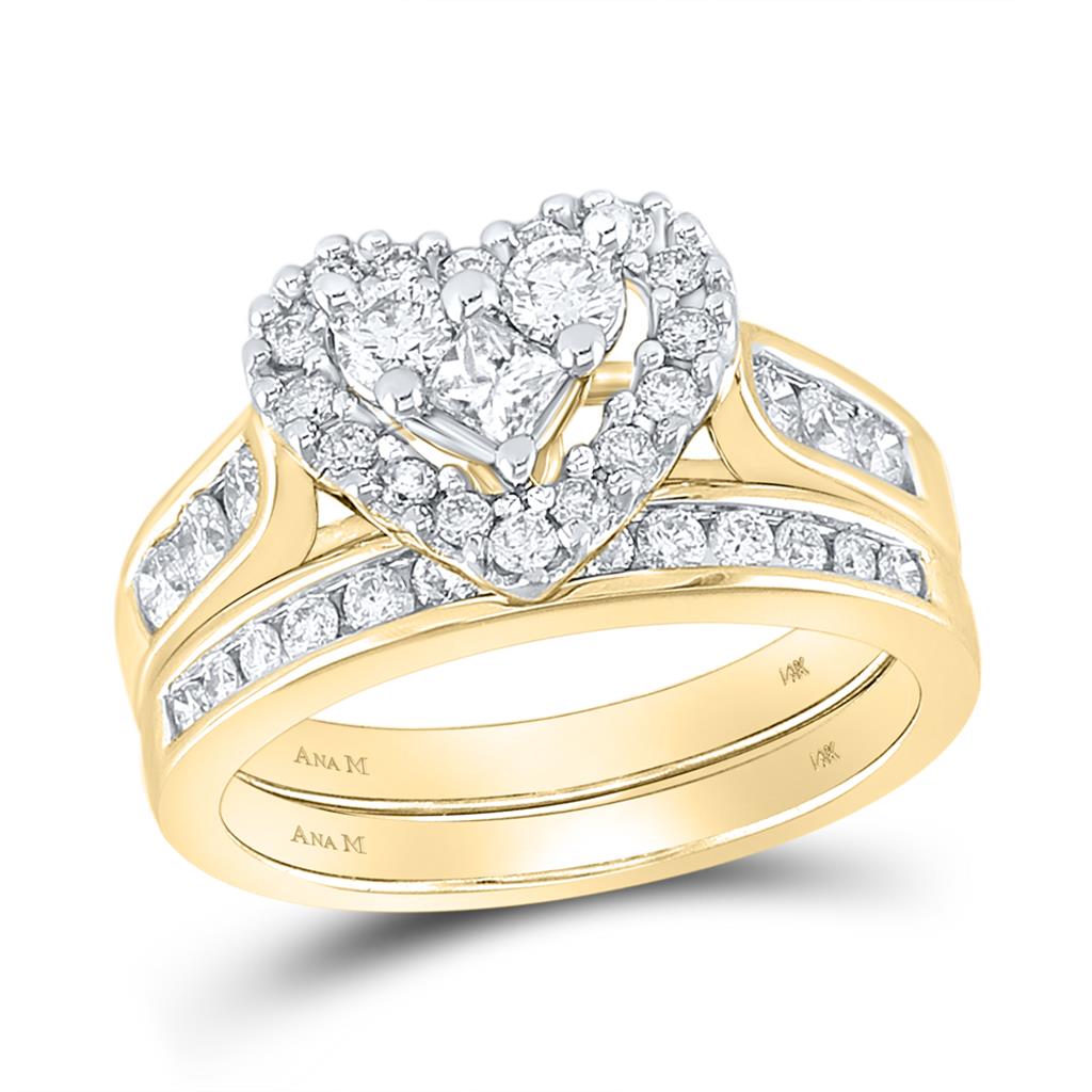 Image of ID 1 14k Yellow Gold Princess Diamond Heart Bridal Wedding Ring Set 1 Cttw