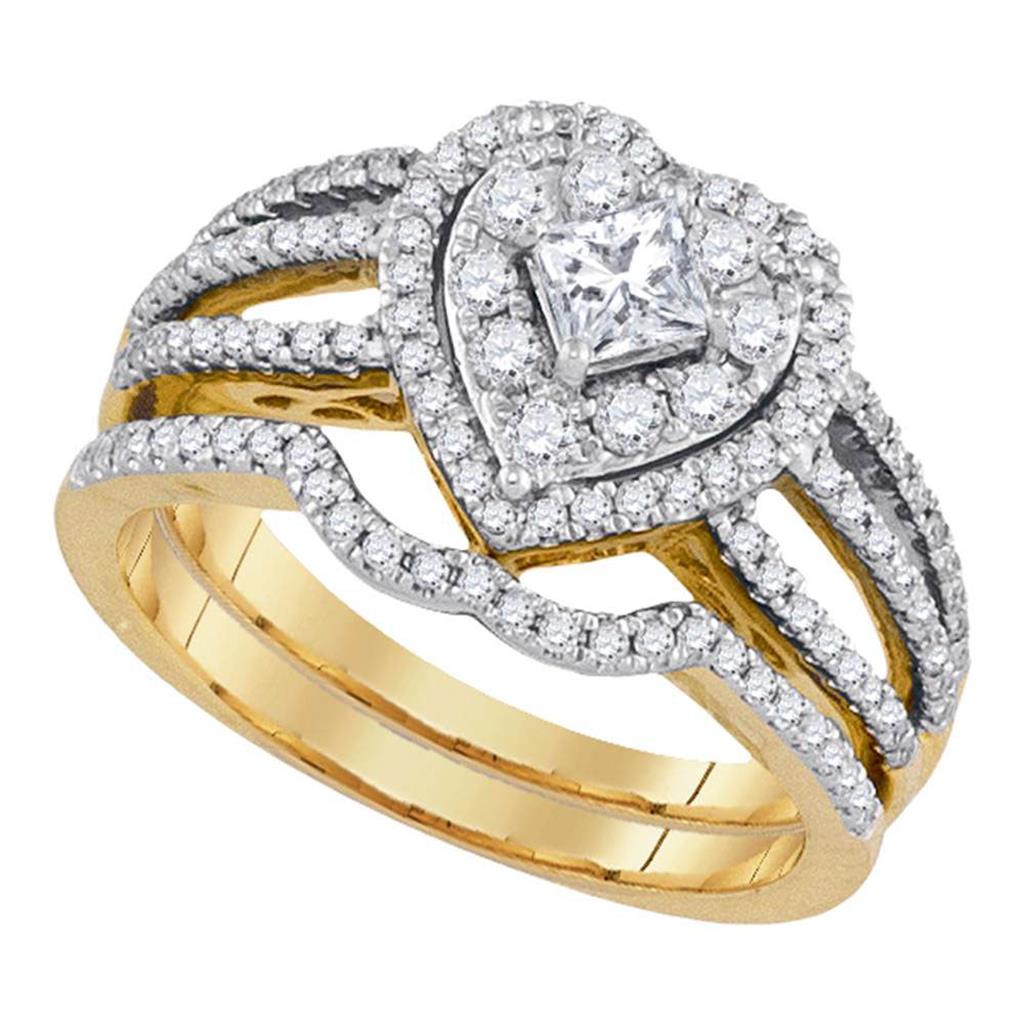 Image of ID 1 14k Yellow Gold Princess Diamond Heart Bridal Wedding Ring Set 7/8 Cttw
