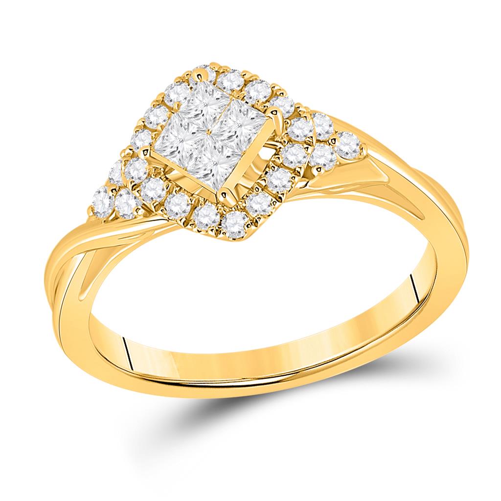 Image of ID 1 14k Yellow Gold Princess Diamond Offset Square Halo Ring 1/2 Cttw