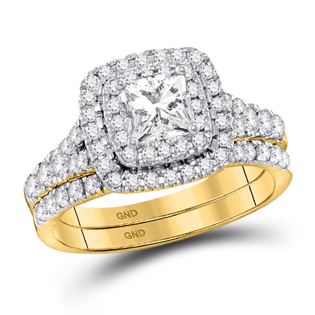 Image of ID 1 14k Yellow Gold Princess DiamondHalo Bridal Wedding Ring Set 1-1/2 Cttw (Certified)