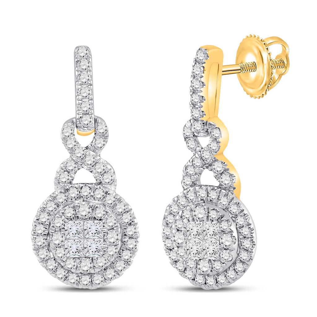 Image of ID 1 14k Yellow Gold Princess Round Diamond Cluster Dangle Earrings 1/2 Cttw