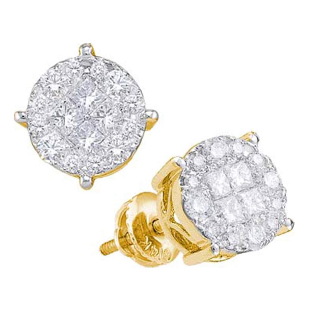 Image of ID 1 14k Yellow Gold Princess Round Diamond Cluster Earrings 1-1/2 Cttw