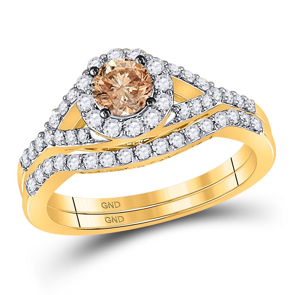 Image of ID 1 14k Yellow Gold Round Brown Diamond Bridal Wedding Ring Set 1 Cttw