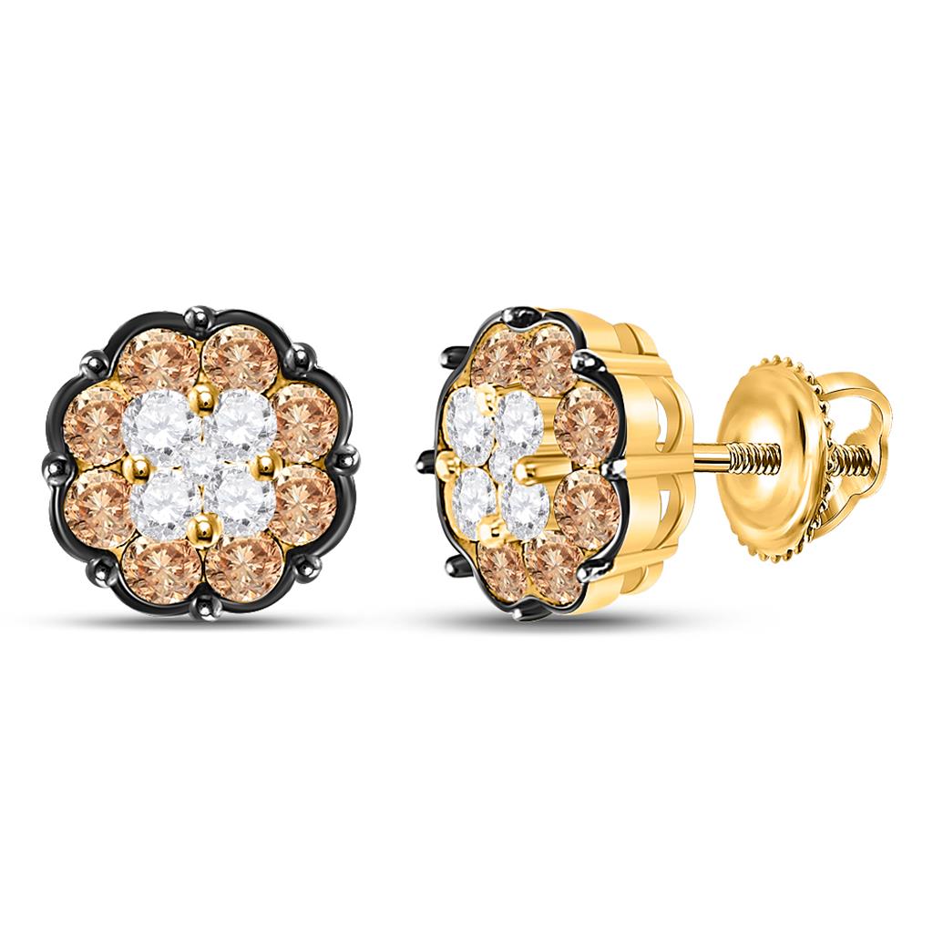 Image of ID 1 14k Yellow Gold Round Brown Diamond Cluster Earrings 1 Cttw
