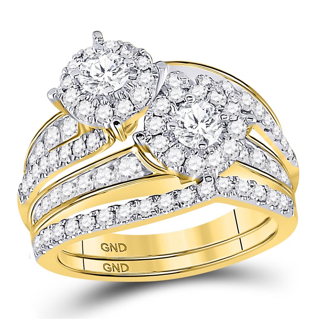 Image of ID 1 14k Yellow Gold Round Diamond 2-Stone Bridal Wedding Ring Set 1-3/4 Cttw (Certified)