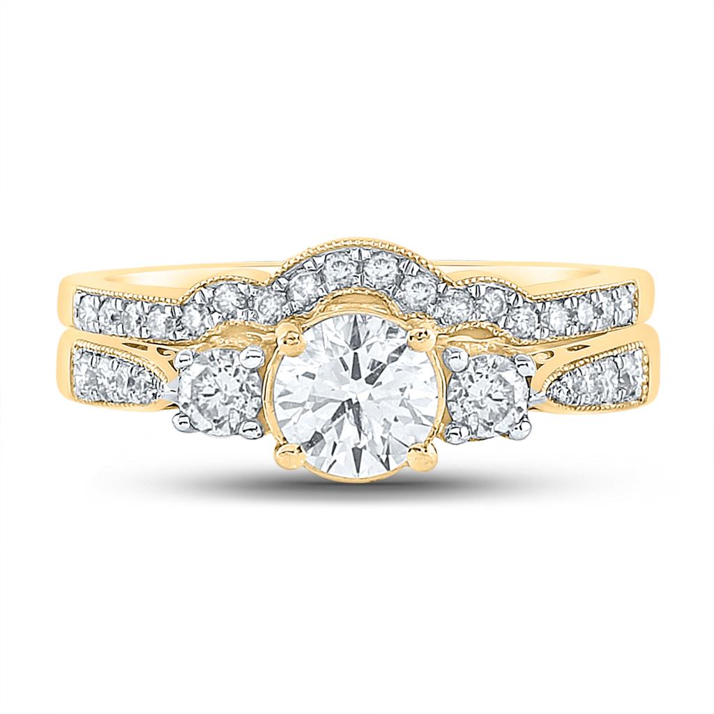 Image of ID 1 14k Yellow Gold Round Diamond 3-Stone Bridal Wedding Ring Set 1 Cttw