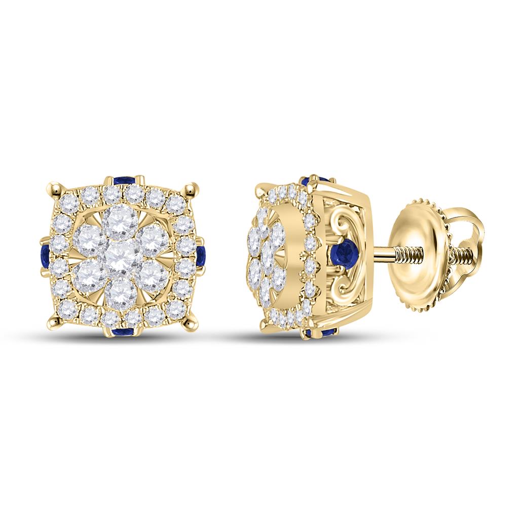Image of ID 1 14k Yellow Gold Round Diamond Blue Sapphire Cluster Earrings 5/8 Cttw