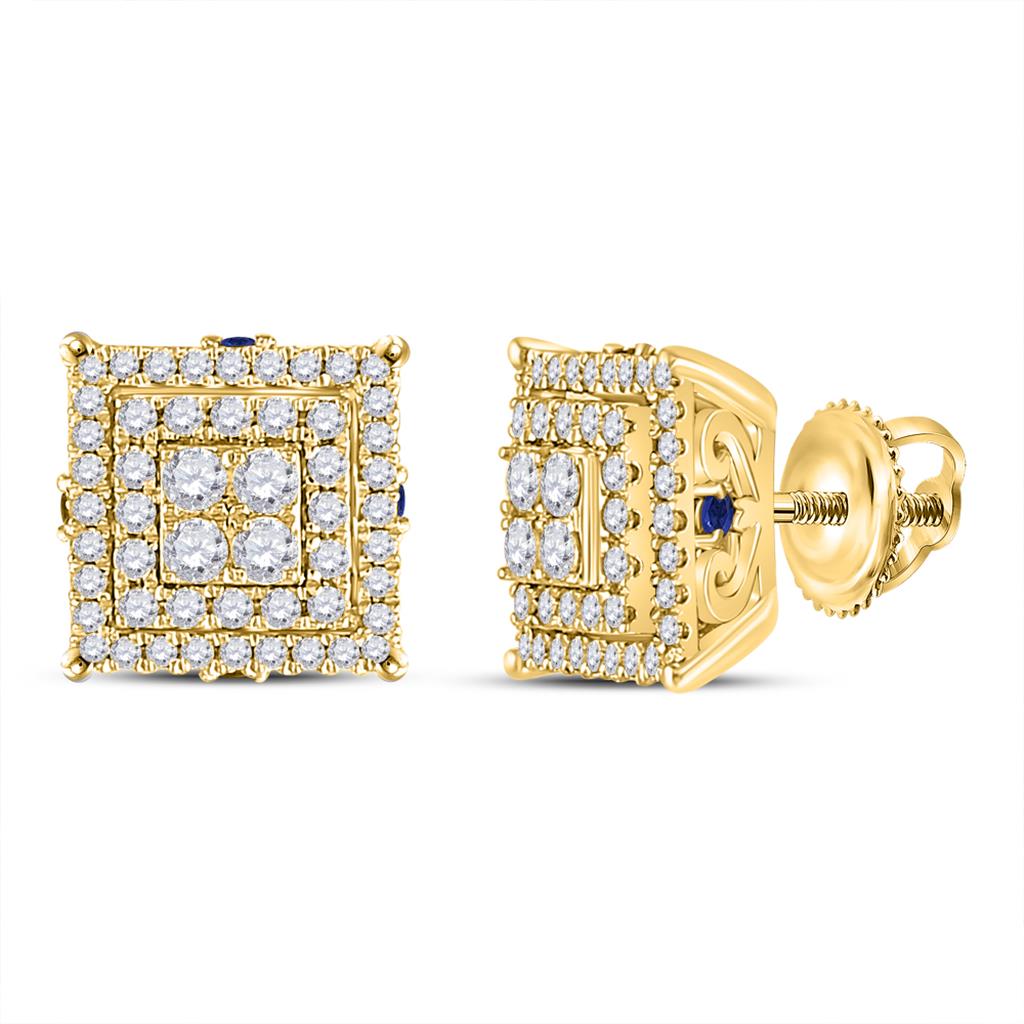 Image of ID 1 14k Yellow Gold Round Diamond Blue Sapphire Square Earrings 1 Cttw
