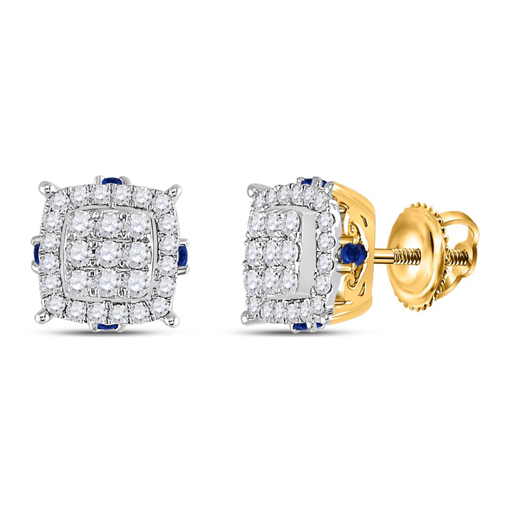 Image of ID 1 14k Yellow Gold Round Diamond Blue Sapphire Square Earrings 5/8 Cttw
