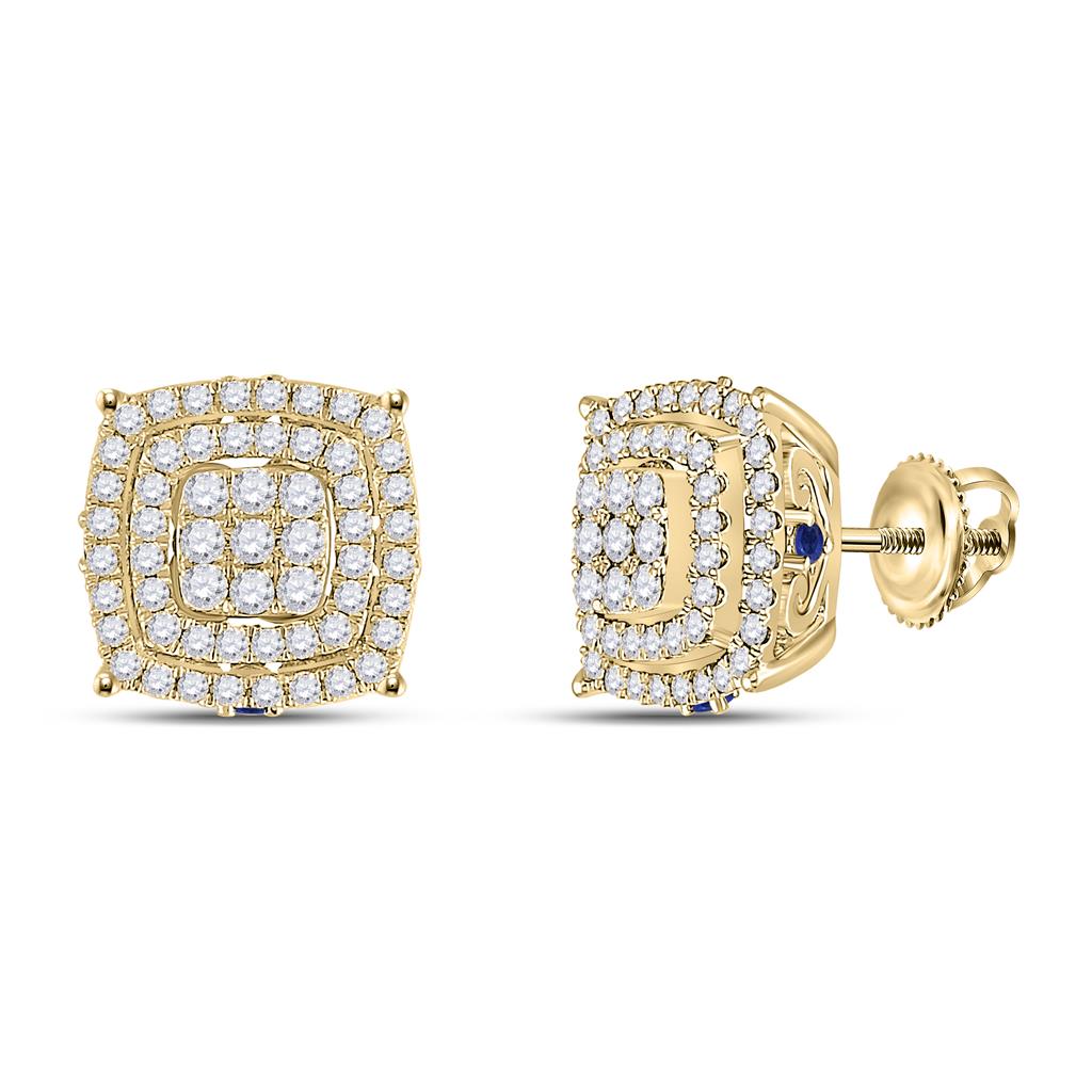 Image of ID 1 14k Yellow Gold Round Diamond Blue Sapphire Square Earrings 7/8 Cttw