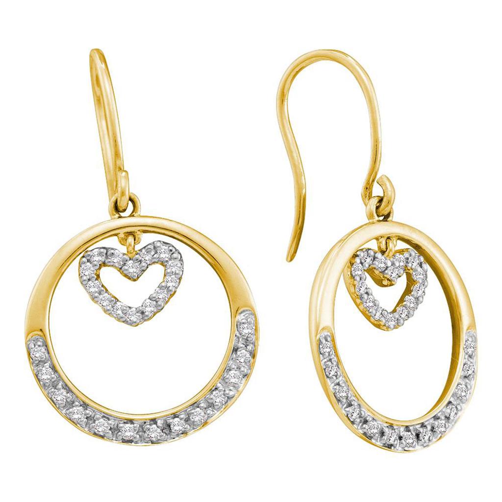 Image of ID 1 14k Yellow Gold Round Diamond Circle Heart Dangle Wire Earrings 1/4 Cttw