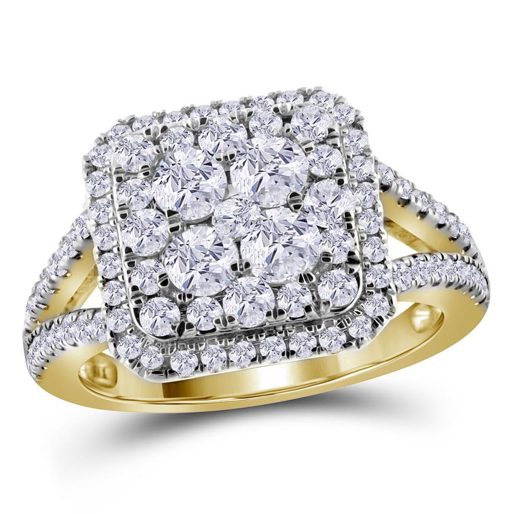 Image of ID 1 14k Yellow Gold Round Diamond Cluster Bridal Engagement Ring 1-1/2 Cttw