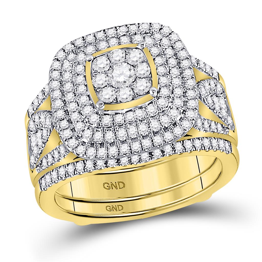 Image of ID 1 14k Yellow Gold Round Diamond Cluster Bridal Wedding Ring Set 1-1/2 Cttw