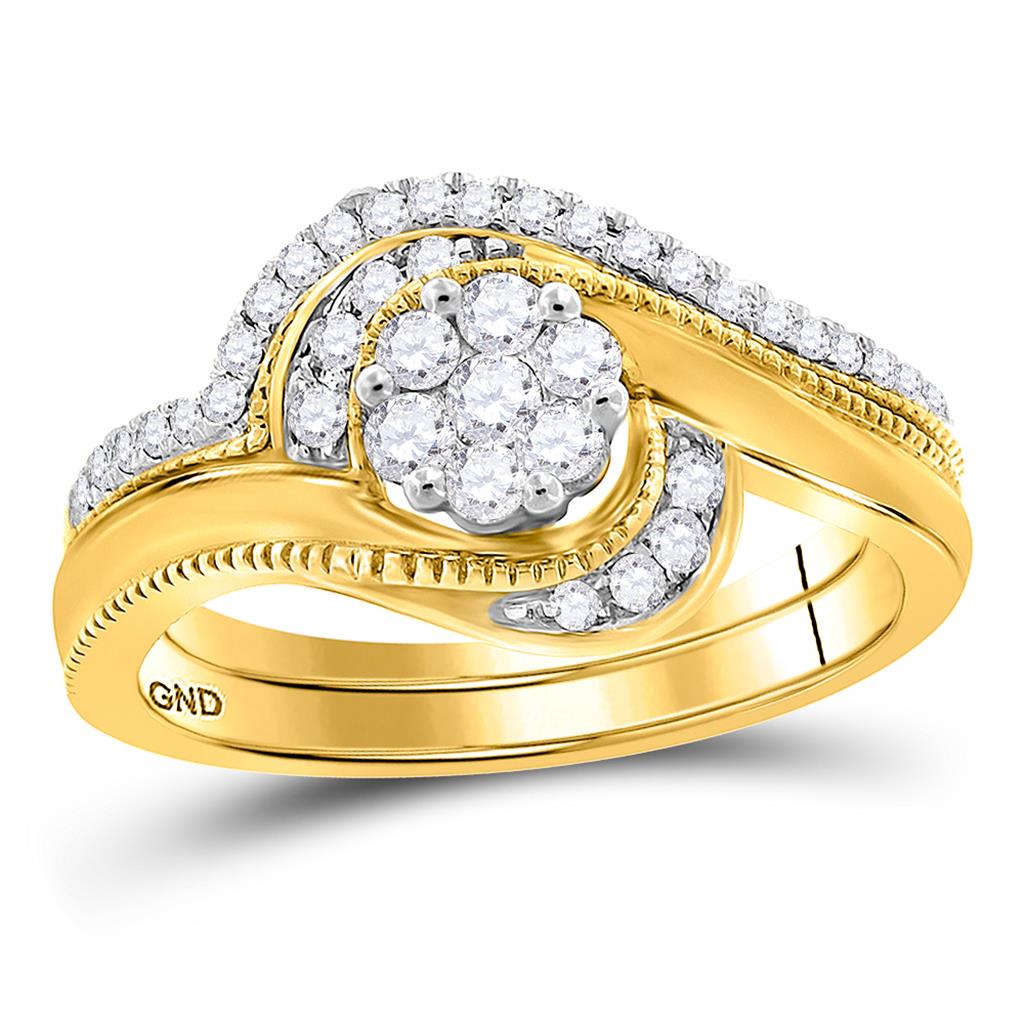 Image of ID 1 14k Yellow Gold Round Diamond Cluster Bridal Wedding Ring Set 3/8 Cttw