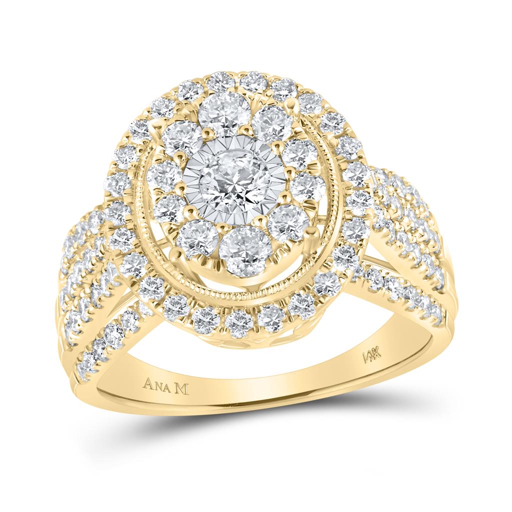 Image of ID 1 14k Yellow Gold Round Diamond Cluster Oval Bridal Engagement Ring 1-1/2 Cttw