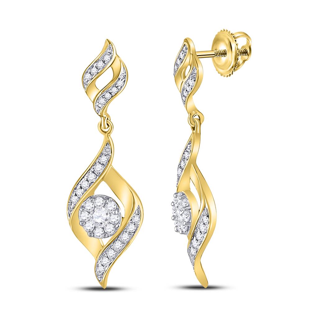 Image of ID 1 14k Yellow Gold Round Diamond Cluster Ribbon Dangle Earrings 1/2 Cttw