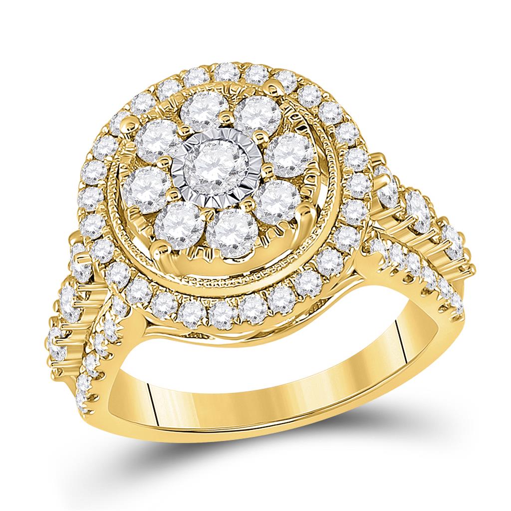 Image of ID 1 14k Yellow Gold Round Diamond Cluster Ring 1-3/4 Cttw