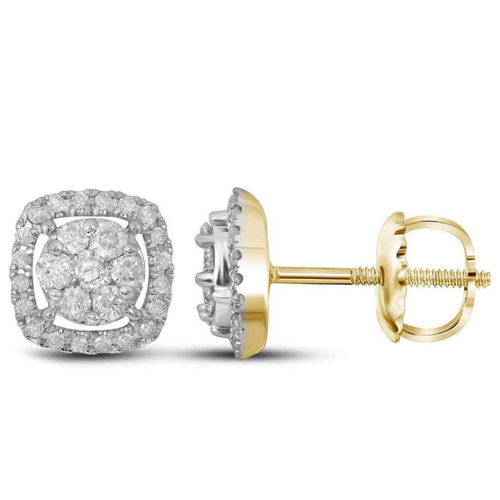 Image of ID 1 14k Yellow Gold Round Diamond Cushion Cluster Earrings 3/8 Cttw