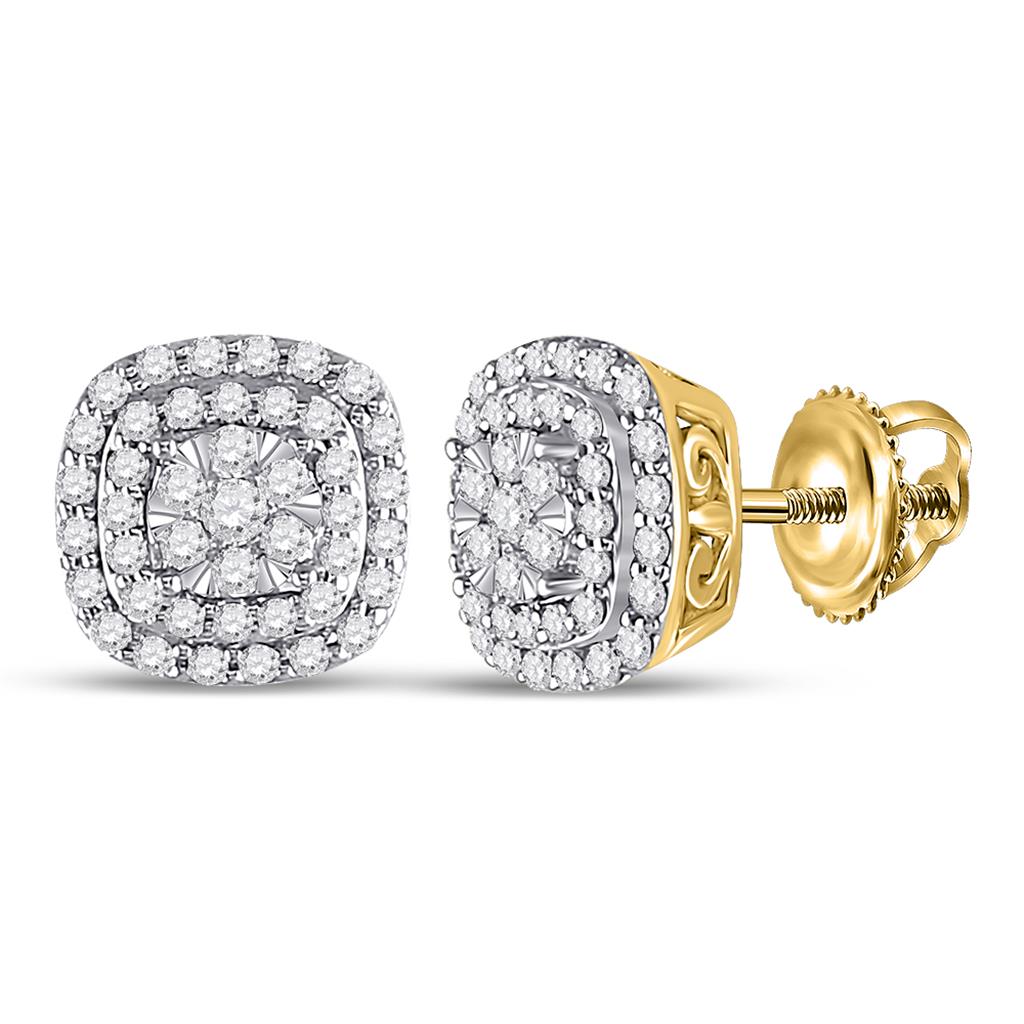 Image of ID 1 14k Yellow Gold Round Diamond Cushion Halo Cluster Earrings 1/2 Cttw