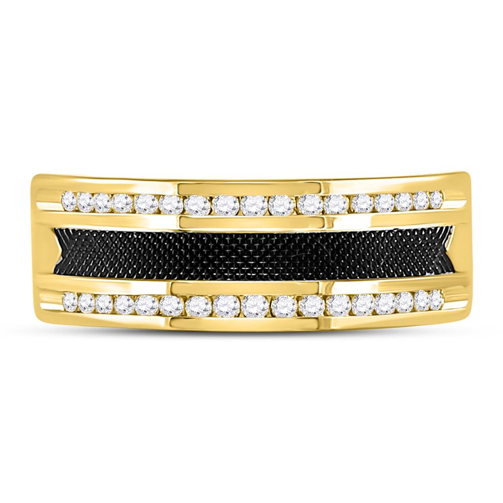 Image of ID 1 14k Yellow Gold Round Diamond Double Row Black Textured Wedding Band Ring 1/4 Cttw