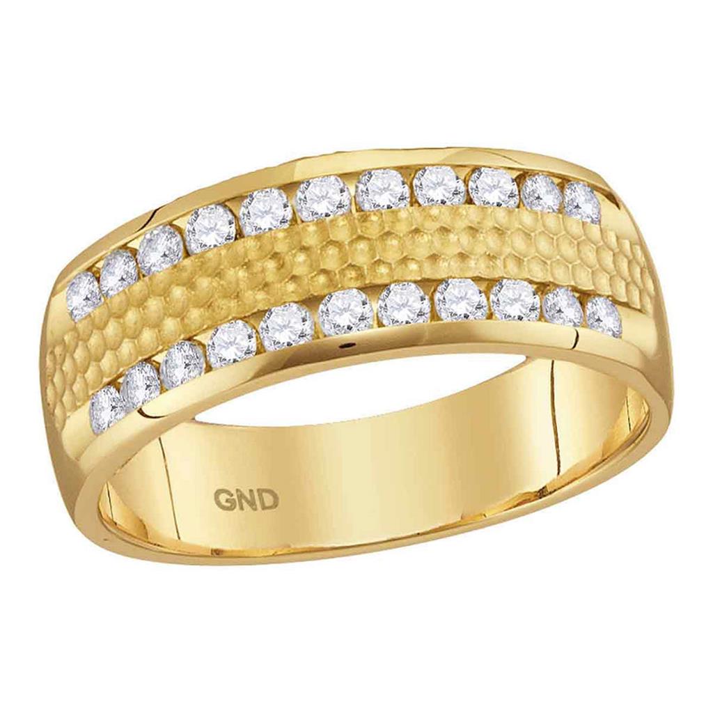 Image of ID 1 14k Yellow Gold Round Diamond Double Row Hammered Wedding Band Ring 1/2 Cttw