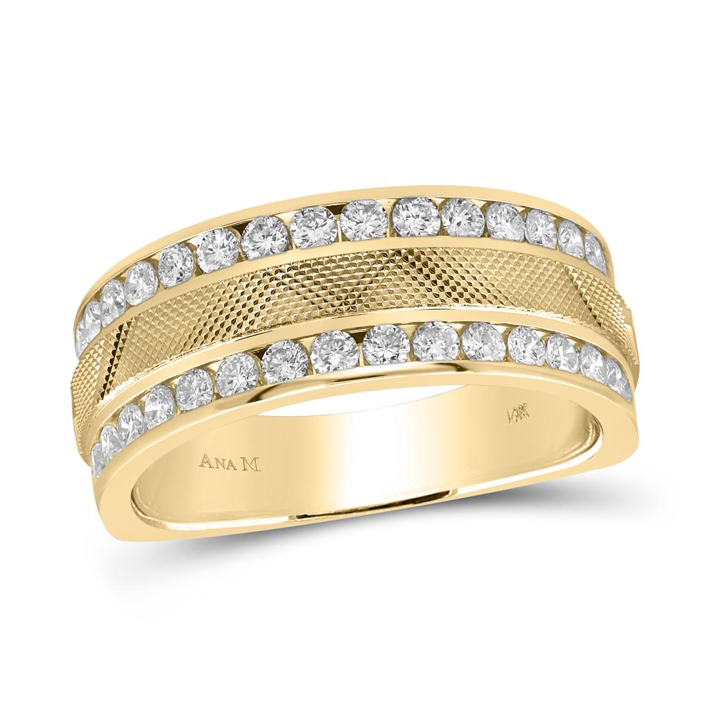 Image of ID 1 14k Yellow Gold Round Diamond Double Row Textured Wedding Band Ring 1 Cttw