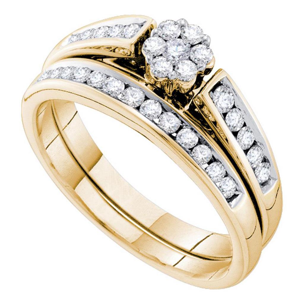 Image of ID 1 14k Yellow Gold Round Diamond Flower Cluster Wedding Bridal Ring Set 1/2 Cttw