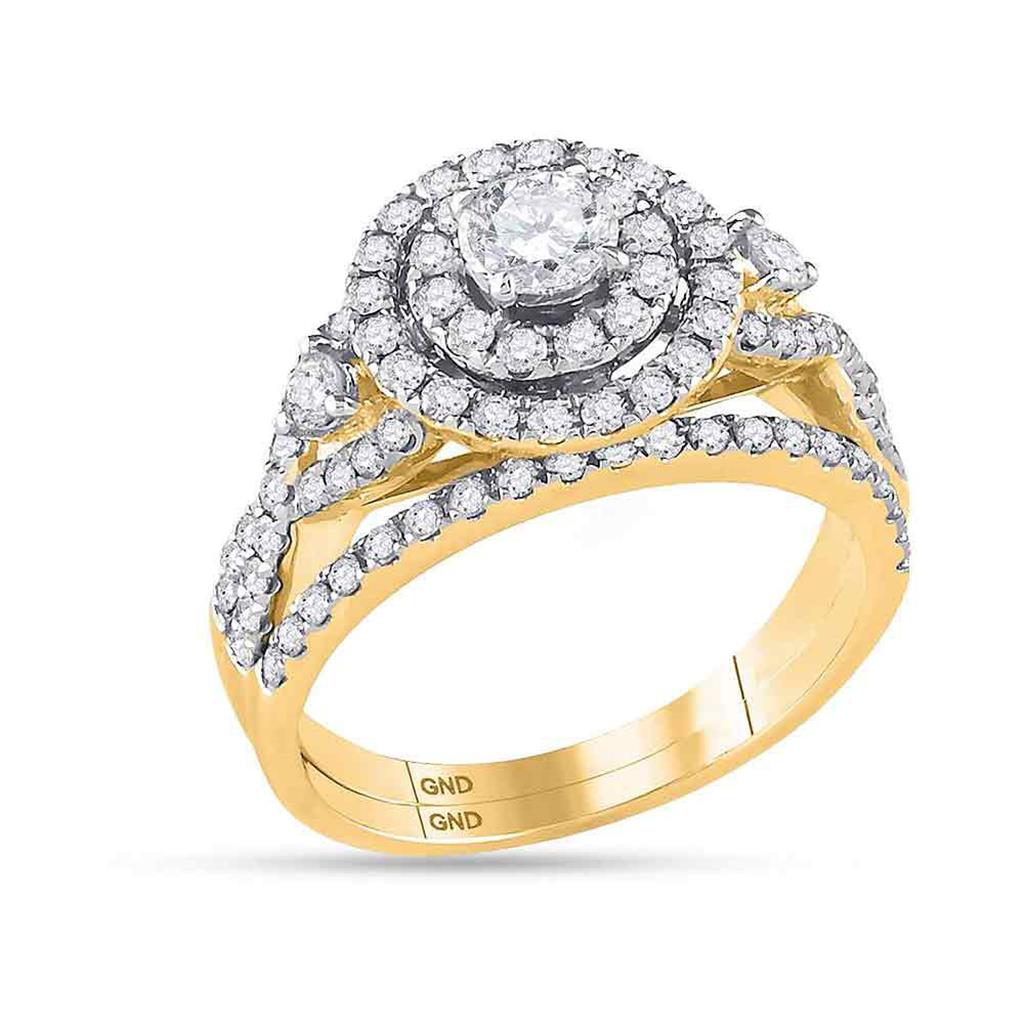 Image of ID 1 14k Yellow Gold Round Diamond Halo Bridal Wedding Ring Set 1-1/2 Cttw (Certified)