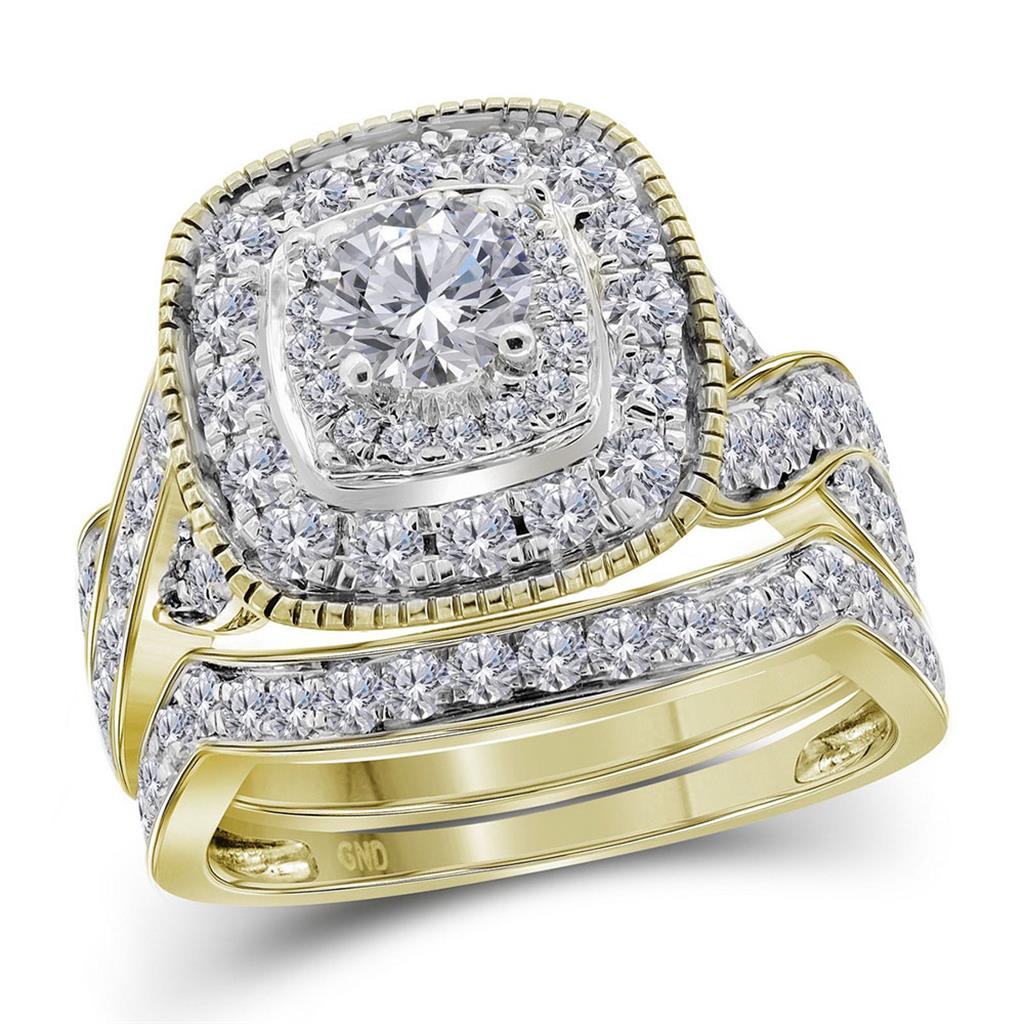 Image of ID 1 14k Yellow Gold Round Diamond Halo Bridal Wedding Ring Set 2 Cttw (Certified)