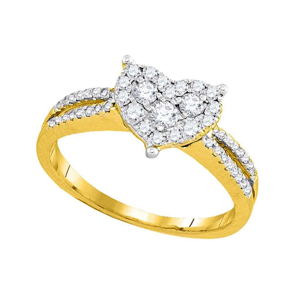 Image of ID 1 14k Yellow Gold Round Diamond Heart Cluster Split-shank Ring 1/2 Cttw