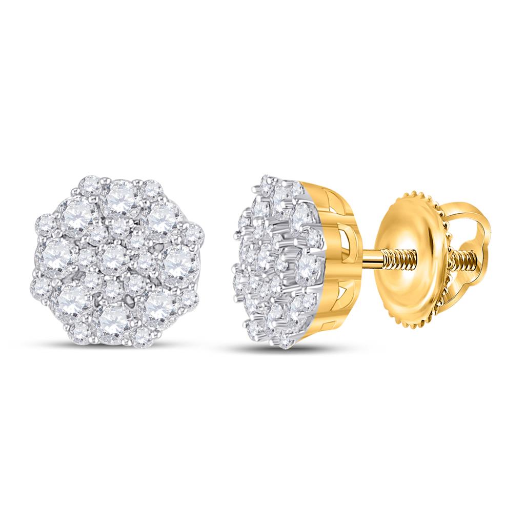 Image of ID 1 14k Yellow Gold Round Diamond Octagon Cluster Earrings 5/8 Cttw