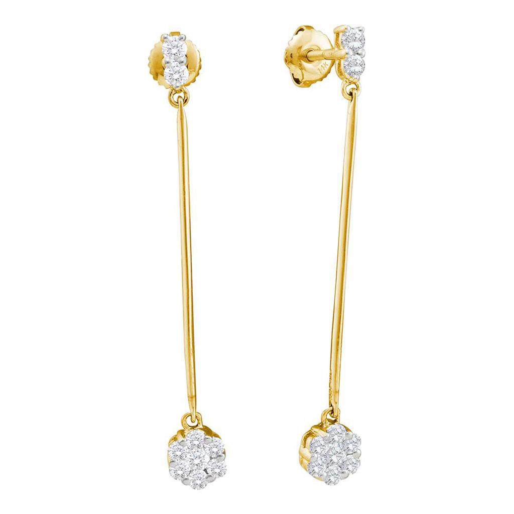 Image of ID 1 14k Yellow Gold Round Diamond Slender Flower Cluster Dangle Earrings 1/2 Cttw