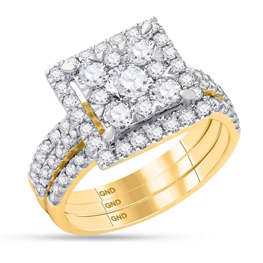 Image of ID 1 14k Yellow Gold Round Diamond Square Bridal Wedding Ring Set 2 Cttw
