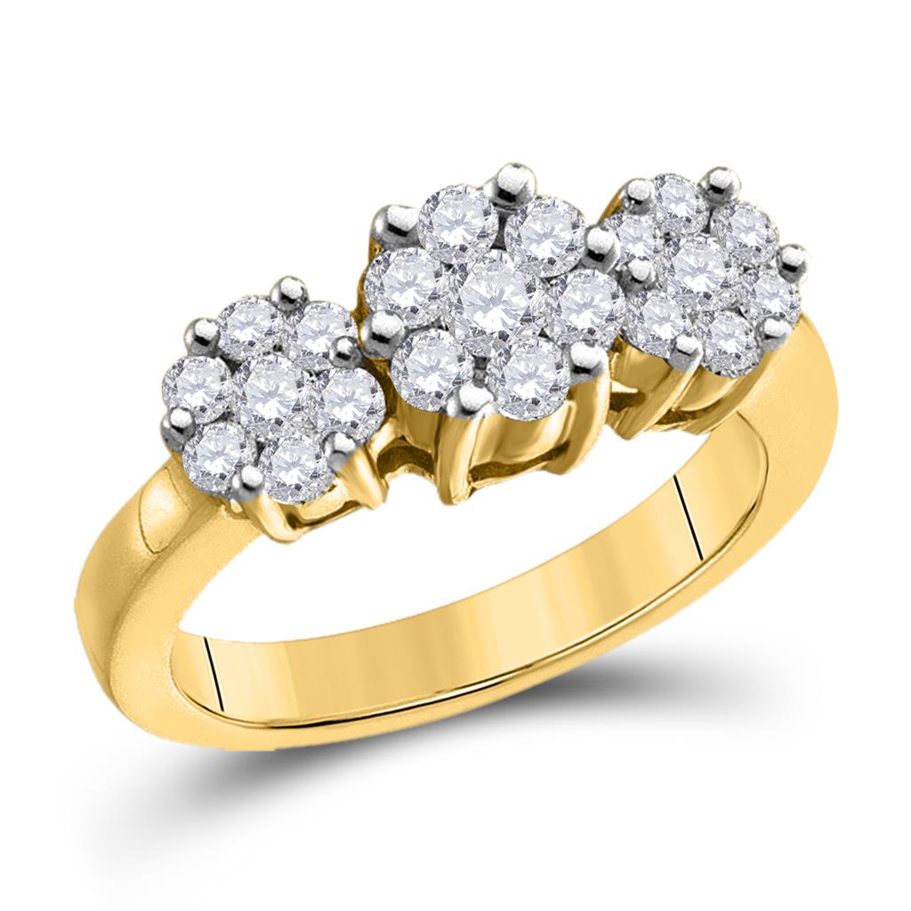 Image of ID 1 14k Yellow Gold Round Diamond Triple Cluster Ring 2 Cttw