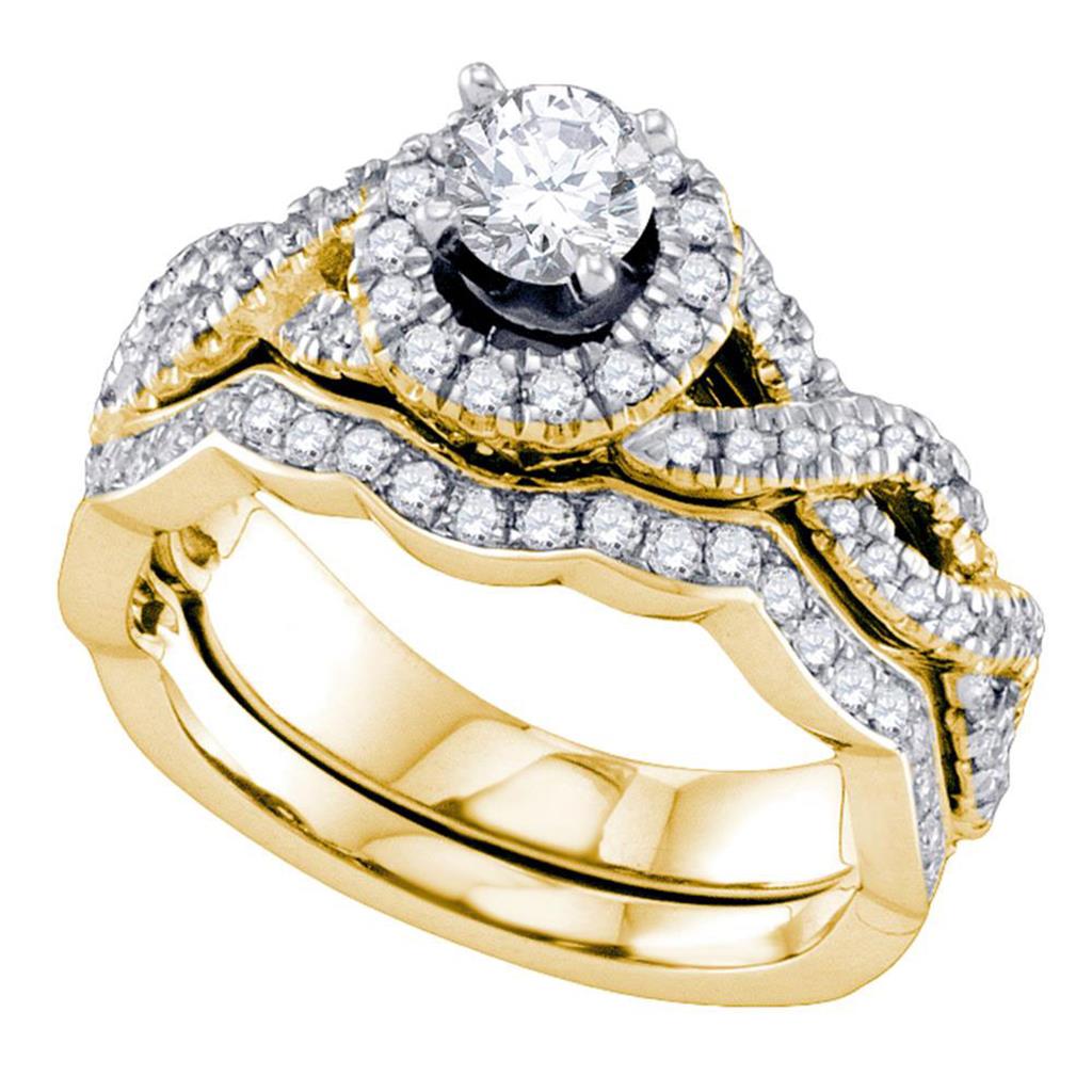 Image of ID 1 14k Yellow Gold Round Diamond Twist Halo Bridal Wedding Ring Set 1 Cttw (Certified)