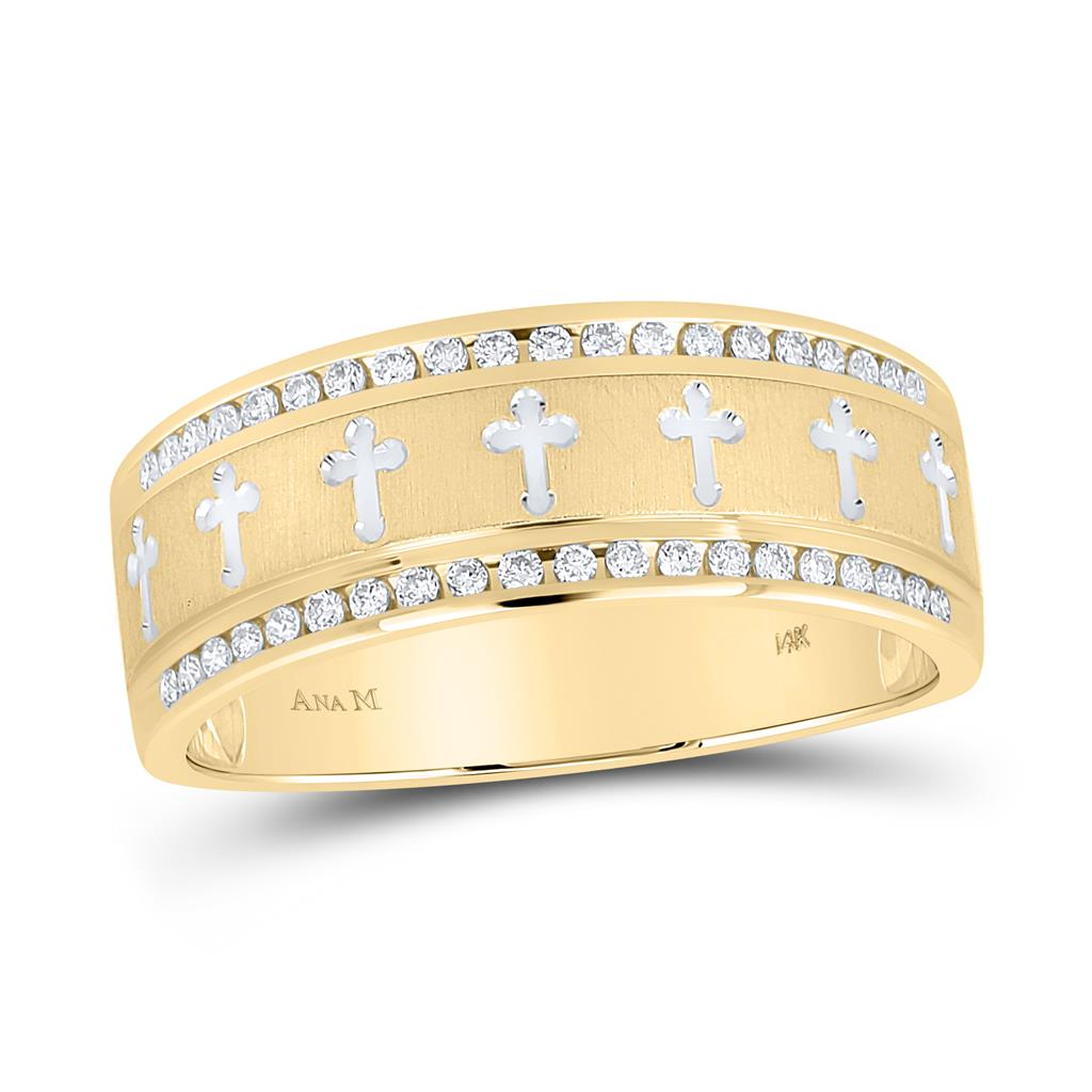 Image of ID 1 14k Yellow Gold Round Diamond Wedding Cross Band Ring 1/4 Cttw
