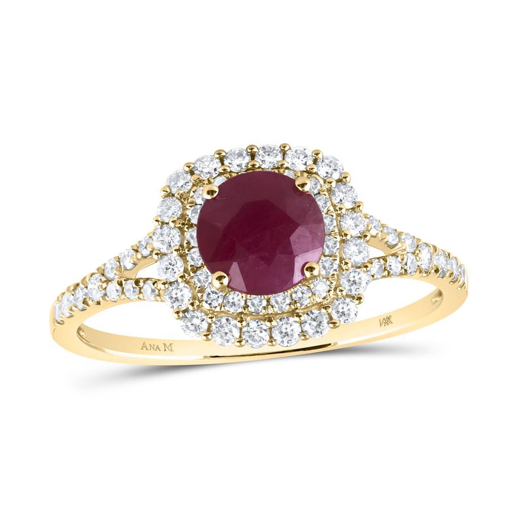 Image of ID 1 14k Yellow Gold Round Ruby Halo Bridal Engagement Ring 1-3/8 Cttw
