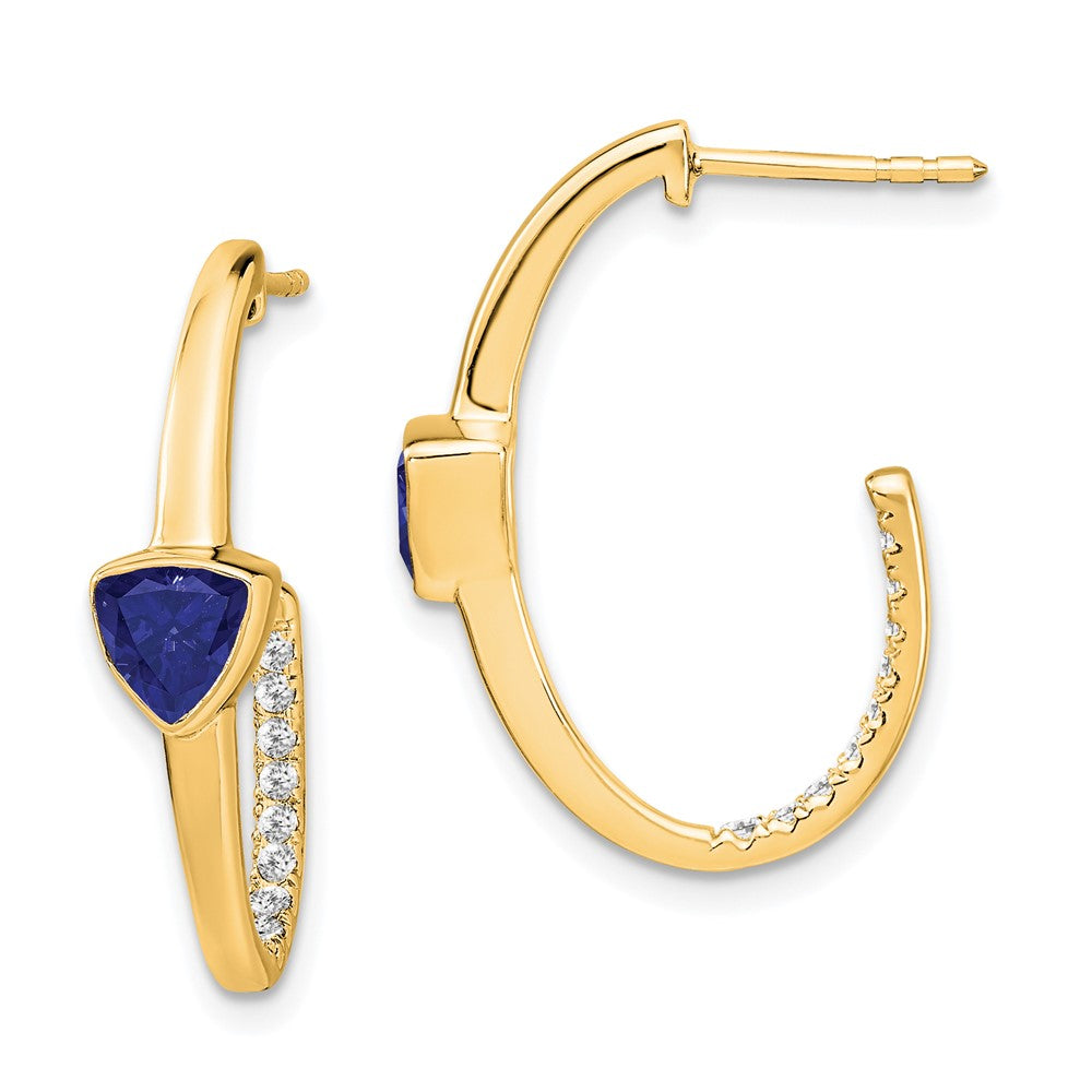 Image of ID 1 14k Yellow Gold Trillion Created Sapphire and Real Diamond J-hoop Earrings