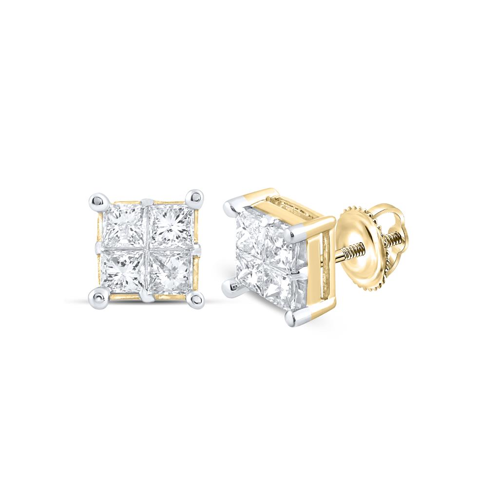 Image of ID 1 14kt Yellow Gold Womens Princess Diamond Square Cluster Stud Earrings 1 Cttw