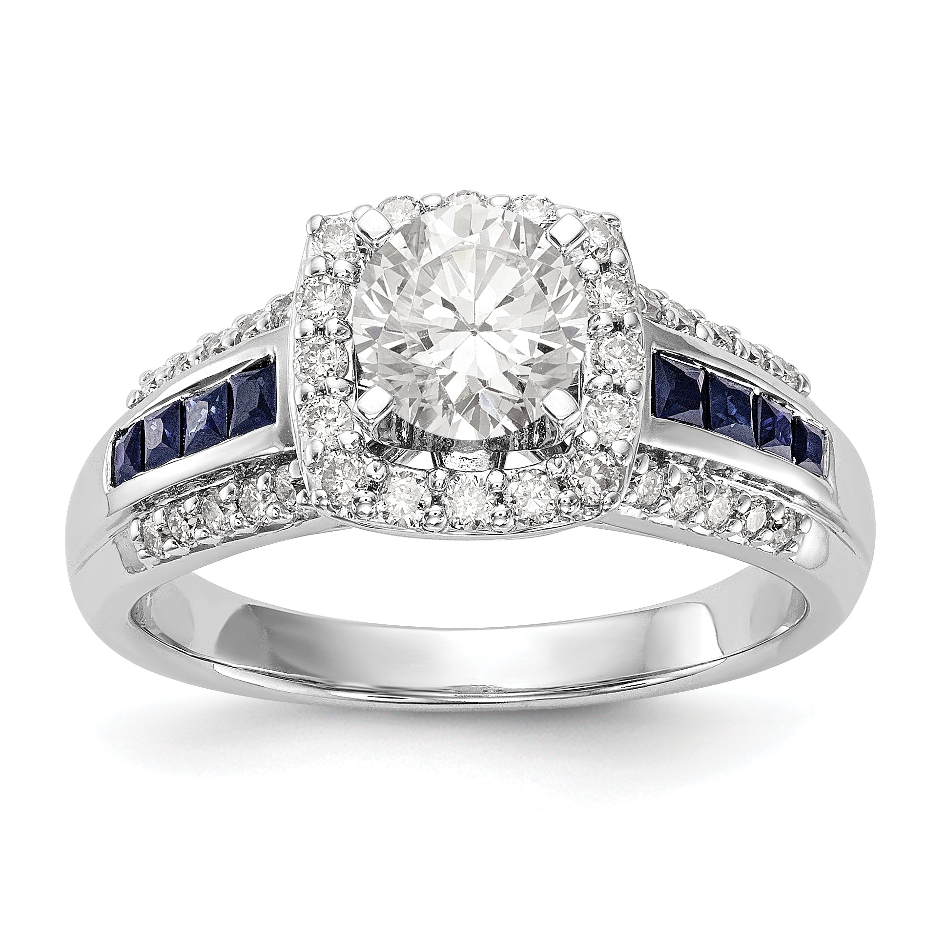 Image of ID 1 14kw Peg Set Diamond and Sapphire CZ Cushion Halo Engagement Ring