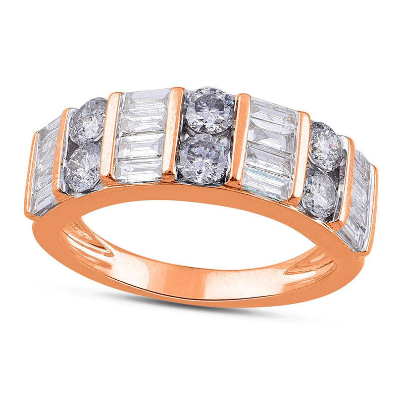 Image of ID 1 15 CT TW Baguette and Round Natural Diamond Alternating Double Row Ring in Solid 10K Rose Gold