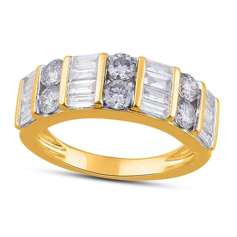 Image of ID 1 15 CT TW Baguette and Round Natural Diamond Alternating Double Row Ring in Solid 10K Yellow Gold