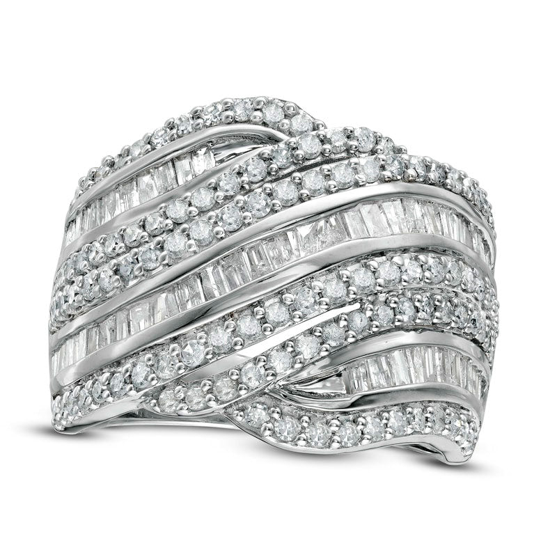 Image of ID 1 15 CT TW Baguette and Round Natural Diamond Alternating Waves Ring in Solid 10K White Gold