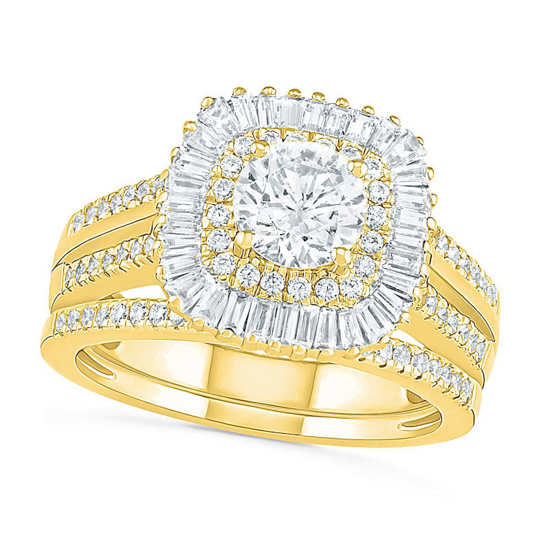 Image of ID 1 15 CT TW Baguette and Round Natural Diamond Cushion-Shaped Sunburst Frame Bridal Engagement Ring Set in Solid 10K Yellow Gold