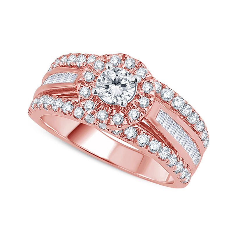 Image of ID 1 15 CT TW Baguette and Round Natural Diamond Frame Multi-Row Engagement Ring in Solid 14K Rose Gold