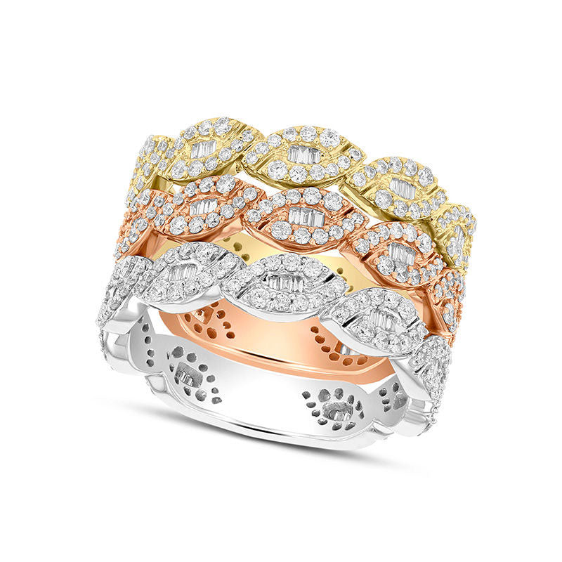 Image of ID 1 15 CT TW Baguette and Round Natural Diamond Leaf Three Piece Stackable Ring Set in Solid 14K Tri-Tone Gold